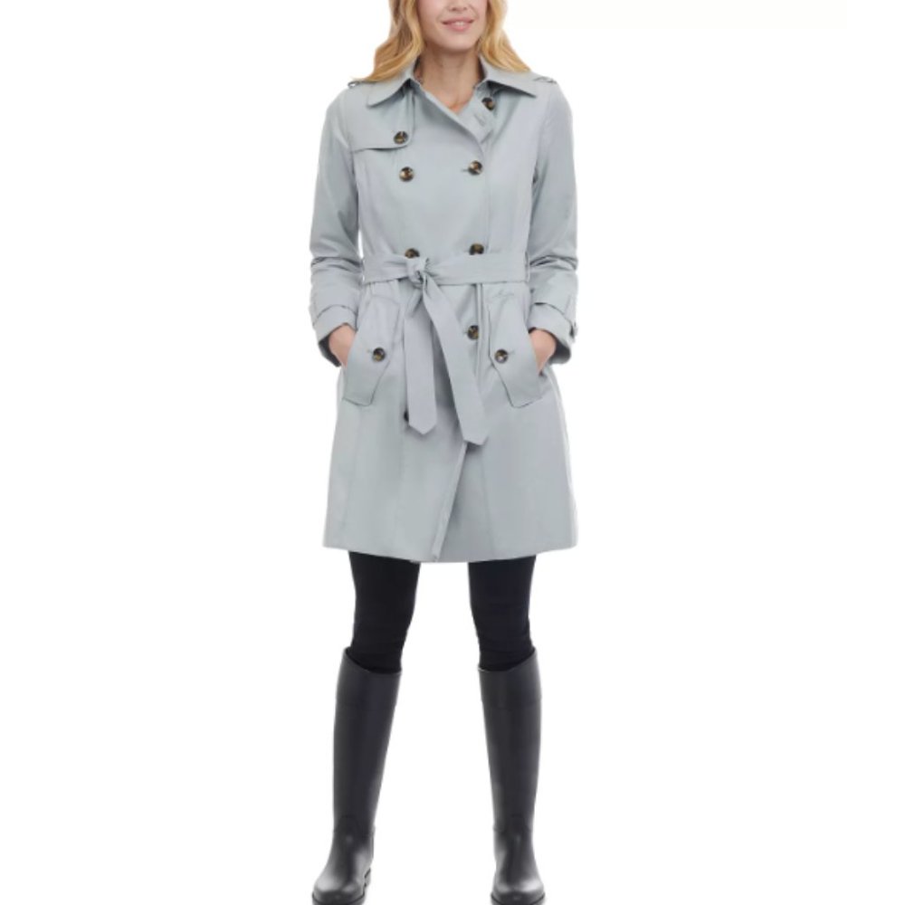XS Women's Lightweight Hooded Double-Breasted Trench Coat Gray NWT